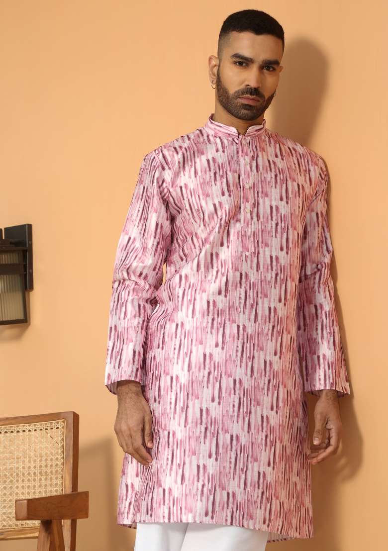 Pink Printed Silk Blend Kurta Set For Men - Indya