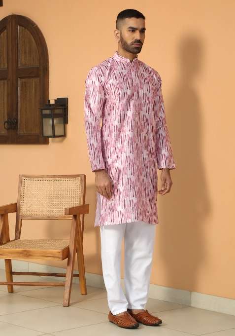 Pink Printed Silk Blend Kurta Set For Men