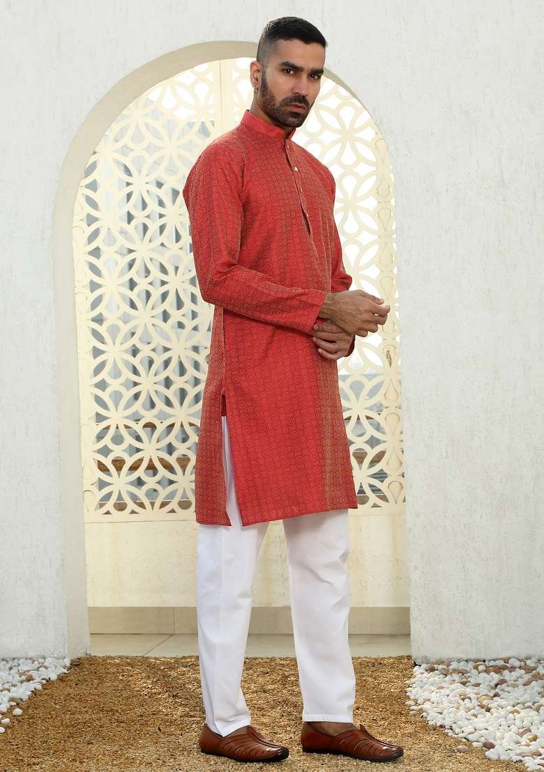 Maroon Woven Silk Blend Kurta Set For Men - Indya
