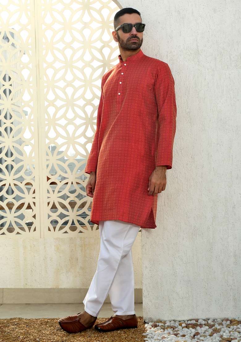 Maroon Woven Silk Blend Kurta Set For Men - Indya