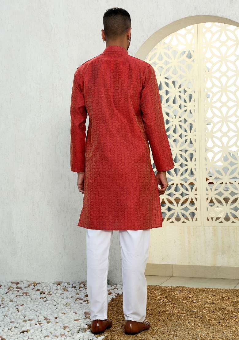 Maroon Woven Silk Blend Kurta Set For Men - Indya
