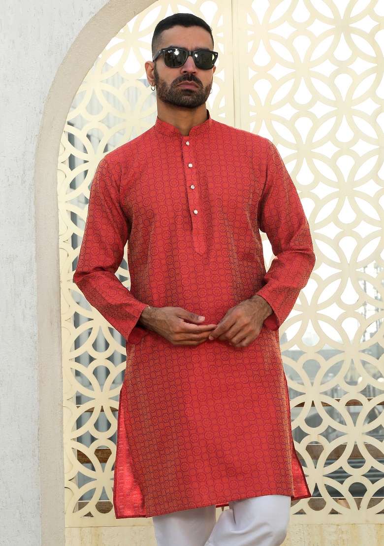 Maroon Woven Silk Blend Kurta Set For Men - Indya