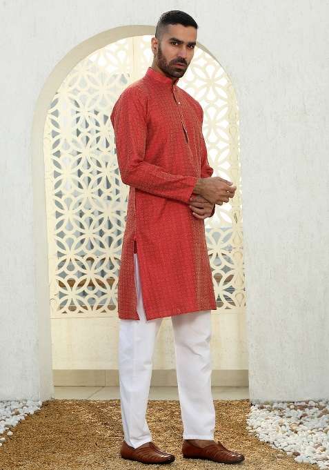 Maroon Woven Silk Blend Kurta Set For Men
