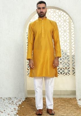 Mustard Yellow Woven Silk Blend Kurta Set For Men