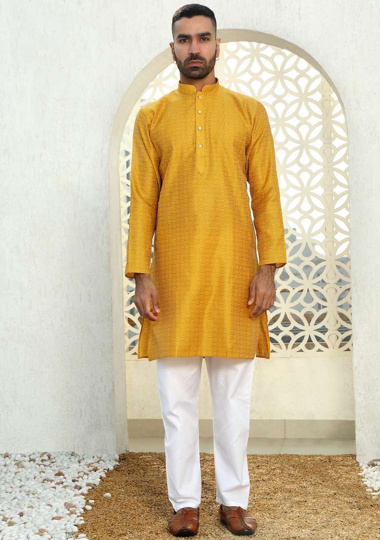 Mustard Yellow Woven Silk Blend Kurta Set For Men - Indya