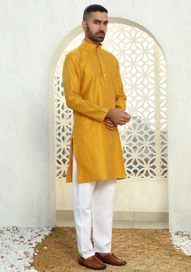 Mustard Yellow Woven Silk Blend Kurta Set For Men - Indya
