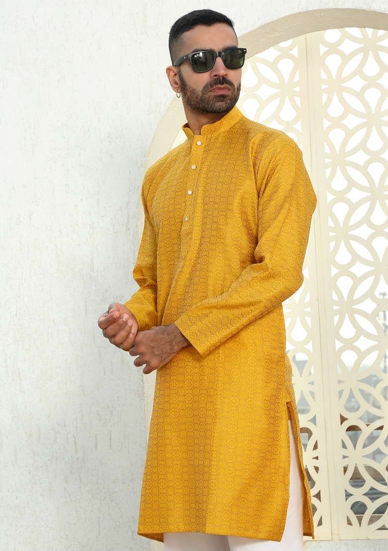 Mustard Yellow Woven Silk Blend Kurta Set For Men - Indya