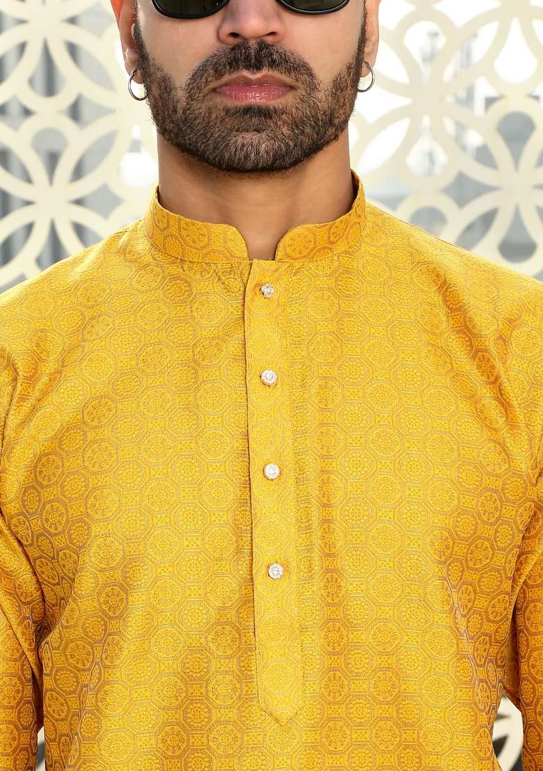 Mustard Yellow Woven Silk Blend Kurta Set For Men - Indya