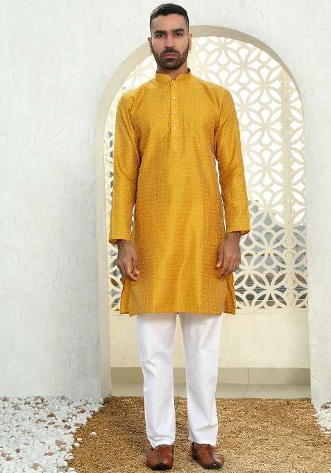 Mustard Yellow Woven Silk Blend Kurta Set For Men
