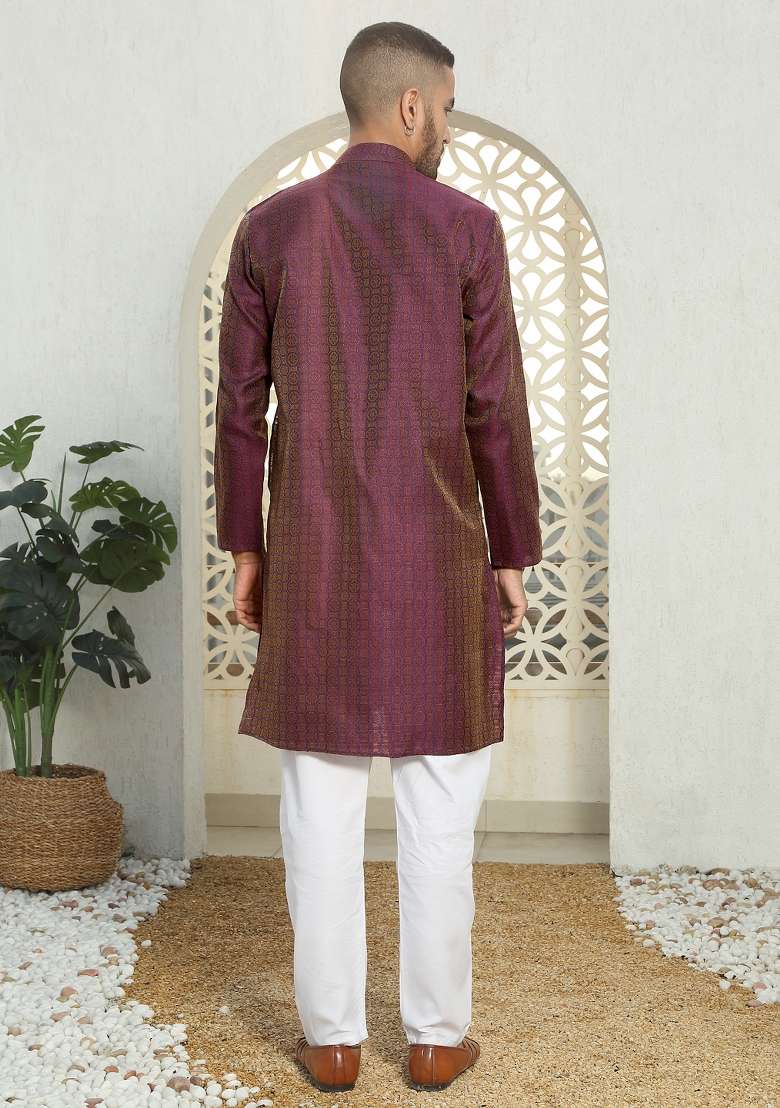 Purple Woven Silk Blend Kurta Set For Men - Indya