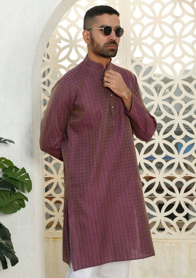 Purple Woven Silk Blend Kurta Set For Men - Indya