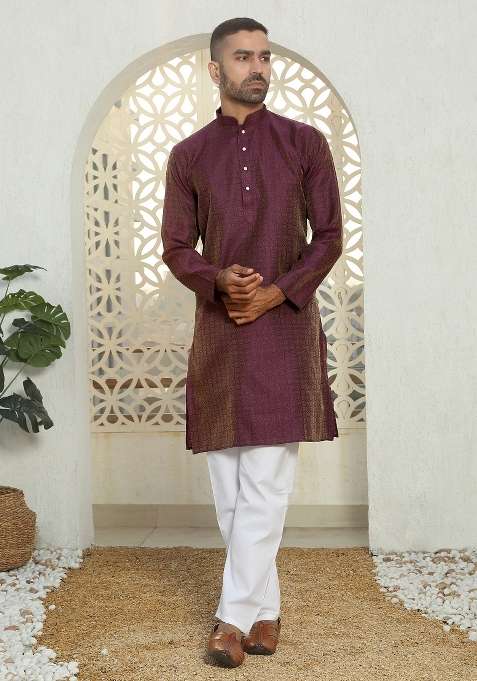 Purple Woven Silk Blend Kurta Set For Men
