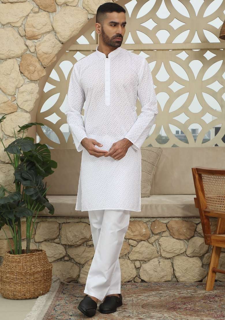 White Embroidered Cotton Kurta Set For Men - Indya