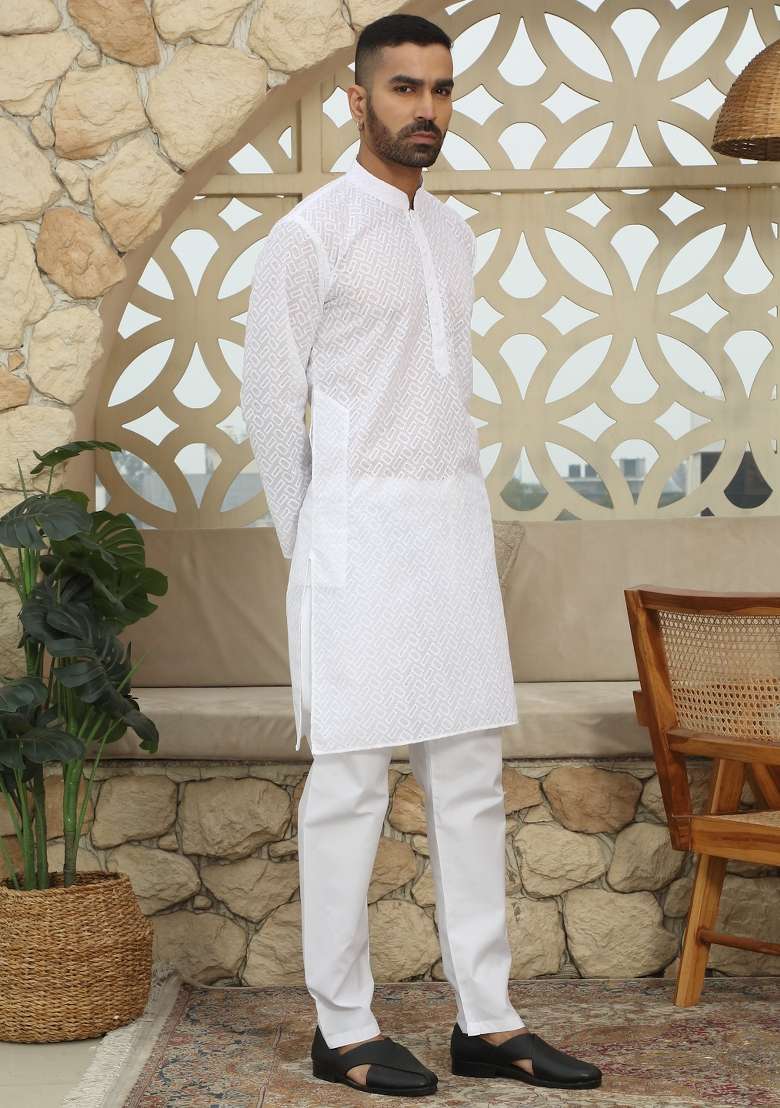 White Embroidered Cotton Kurta Set For Men - Indya