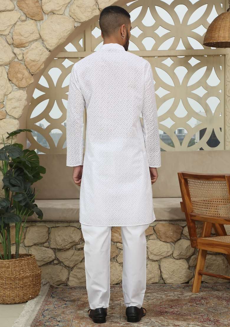 White Embroidered Cotton Kurta Set For Men - Indya