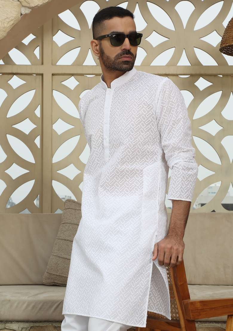 White Embroidered Cotton Kurta Set For Men - Indya