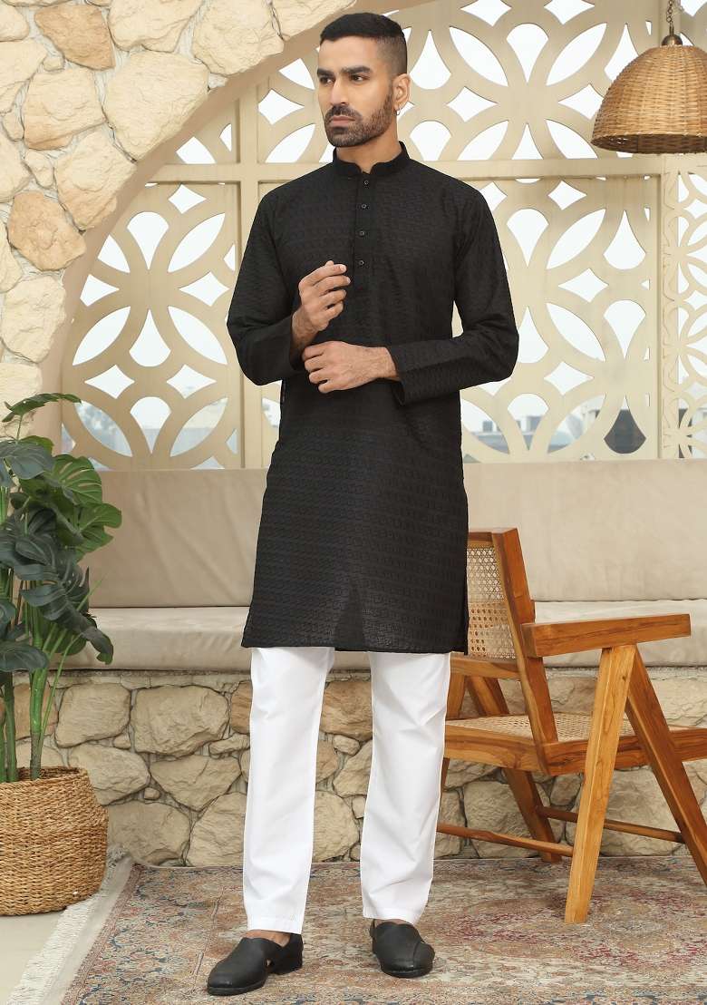 Black Embroidered Cotton Kurta Set For Men - Indya