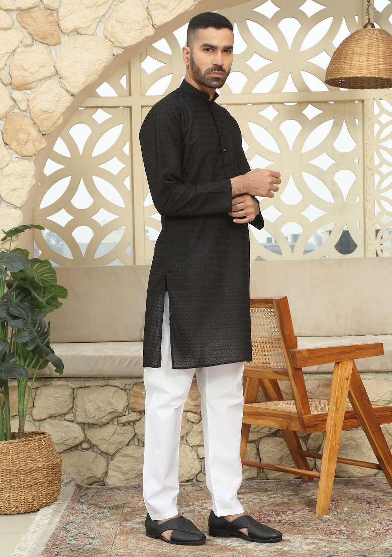 Black Embroidered Cotton Kurta Set For Men - Indya