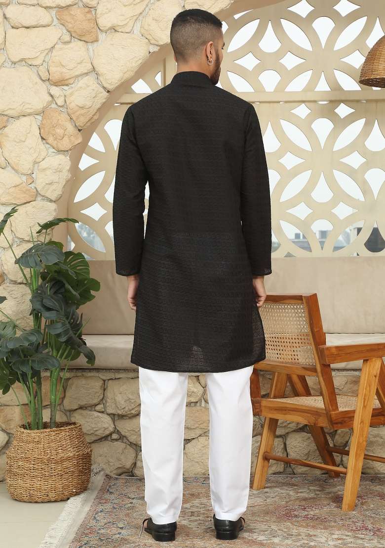 Black Embroidered Cotton Kurta Set For Men - Indya