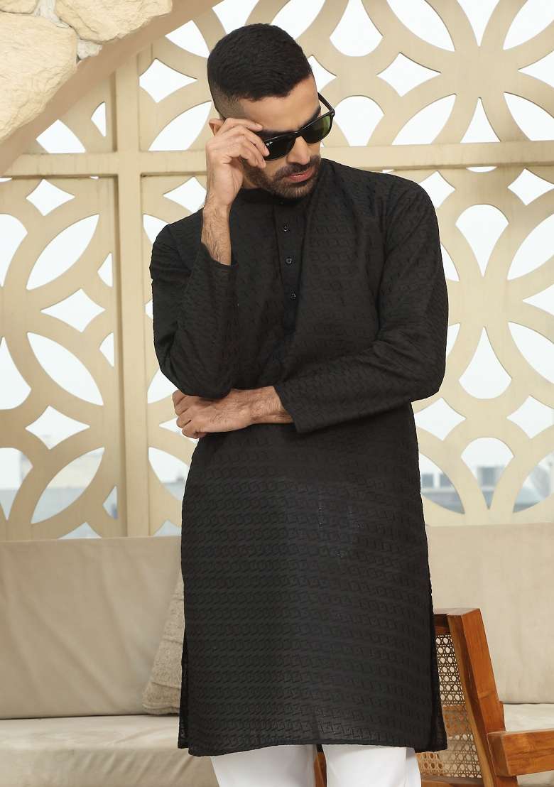 Black Embroidered Cotton Kurta Set For Men - Indya
