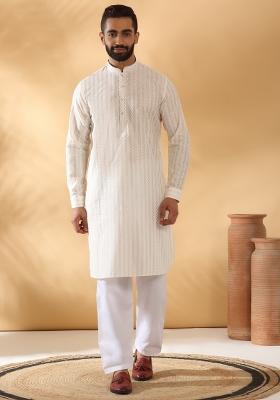 Cream Embroidered Cotton Kurta Set For Men