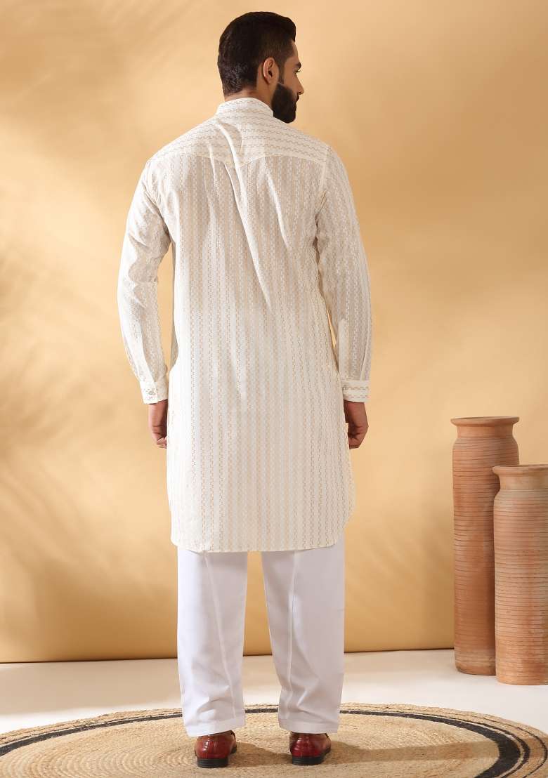 Cream Embroidered Cotton Kurta Set For Men - Indya