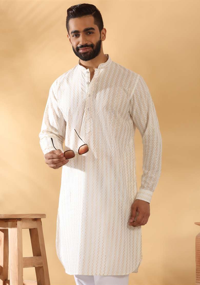 Cream Embroidered Cotton Kurta Set For Men - Indya