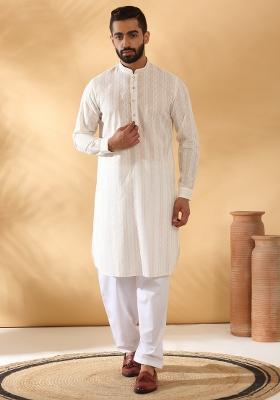 Cream Embroidered Cotton Kurta Set For Men