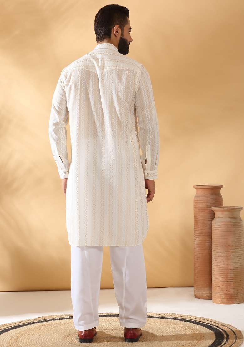 Cream Embroidered Cotton Kurta Set For Men - Indya