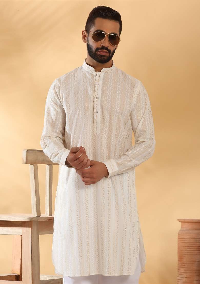 Cream Embroidered Cotton Kurta Set For Men - Indya