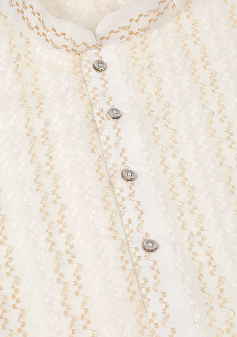 Cream Embroidered Cotton Kurta Set For Men - Indya