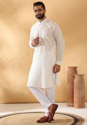 Cream Embroidered Cotton Kurta Set For Men