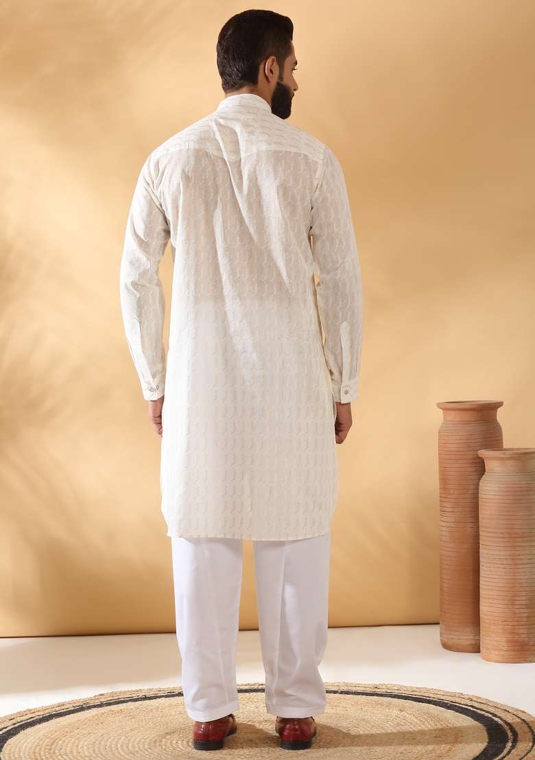 Cream Embroidered Cotton Kurta Set For Men - Indya