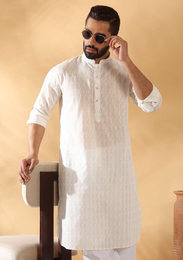Cream Embroidered Cotton Kurta Set For Men - Indya