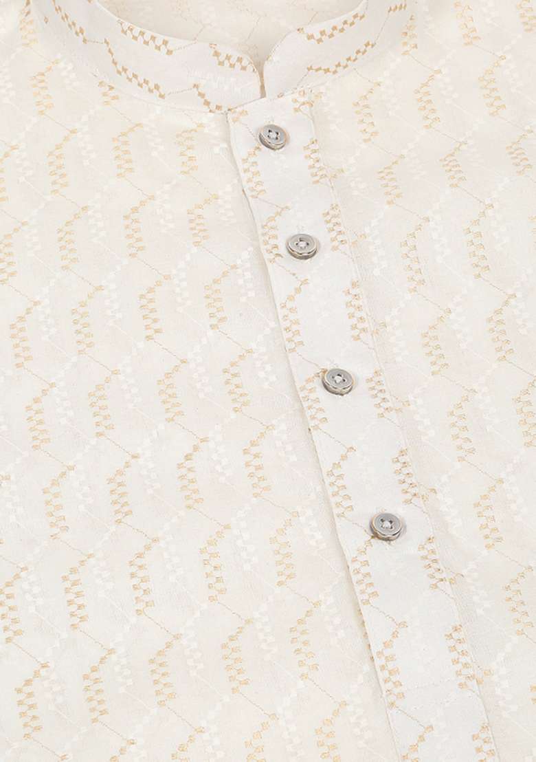 Cream Embroidered Cotton Kurta Set For Men - Indya