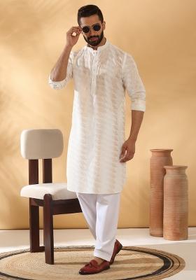 Cream Embroidered Cotton Kurta Set For Men