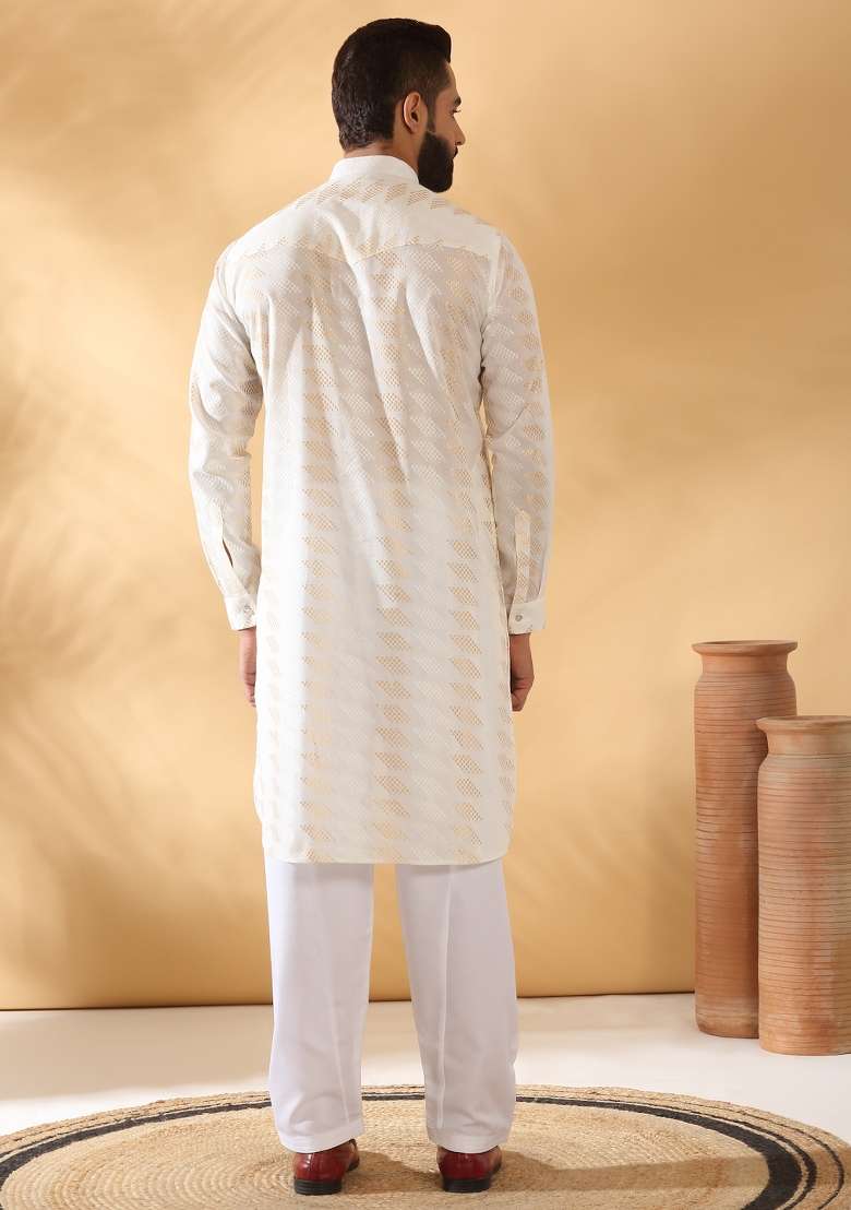 Cream Embroidered Cotton Kurta Set For Men - Indya