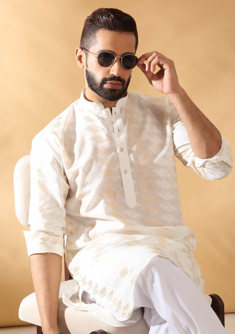 Cream Embroidered Cotton Kurta Set For Men - Indya