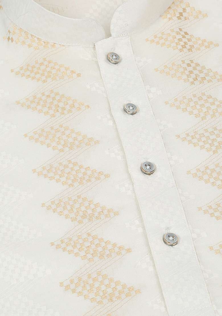 Cream Embroidered Cotton Kurta Set For Men - Indya