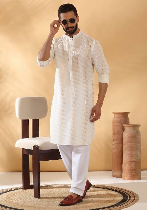 Cream Embroidered Cotton Kurta Set For Men
