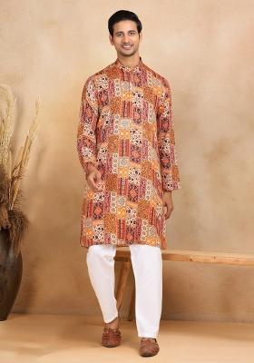 Orange Printed Rayon Kurta Set For Men