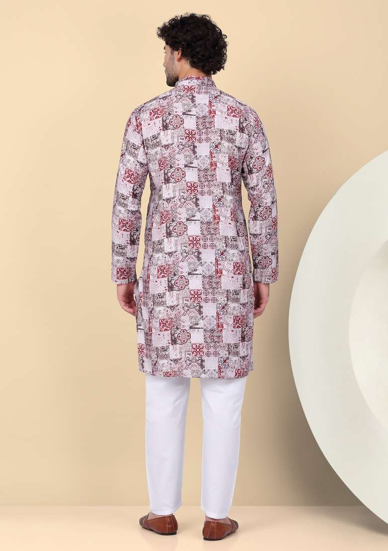 Maroon Printed Cotton Kurta Set For Men - Indya