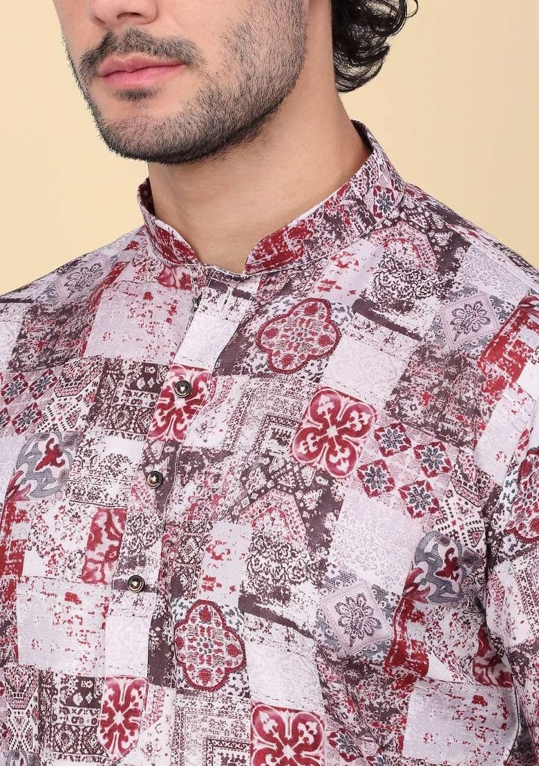 Maroon Printed Cotton Kurta Set For Men - Indya