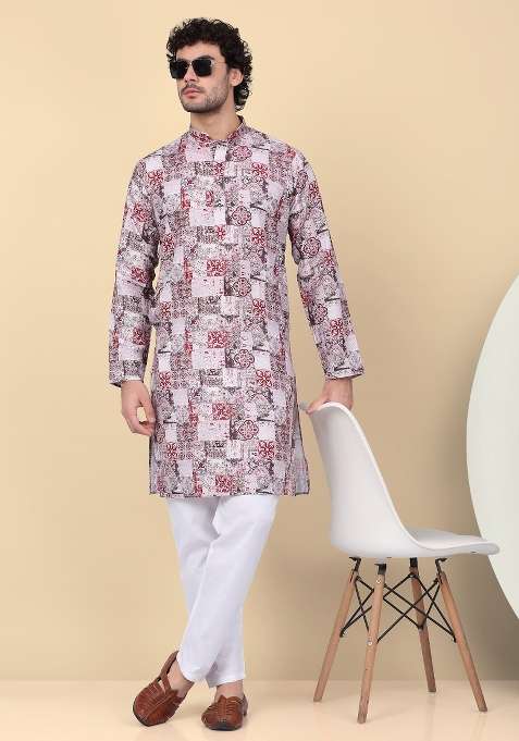 Maroon Printed Cotton Kurta Set For Men