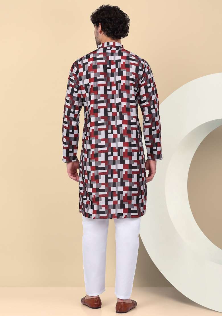 Maroon Printed Cotton Kurta Set For Men - Indya