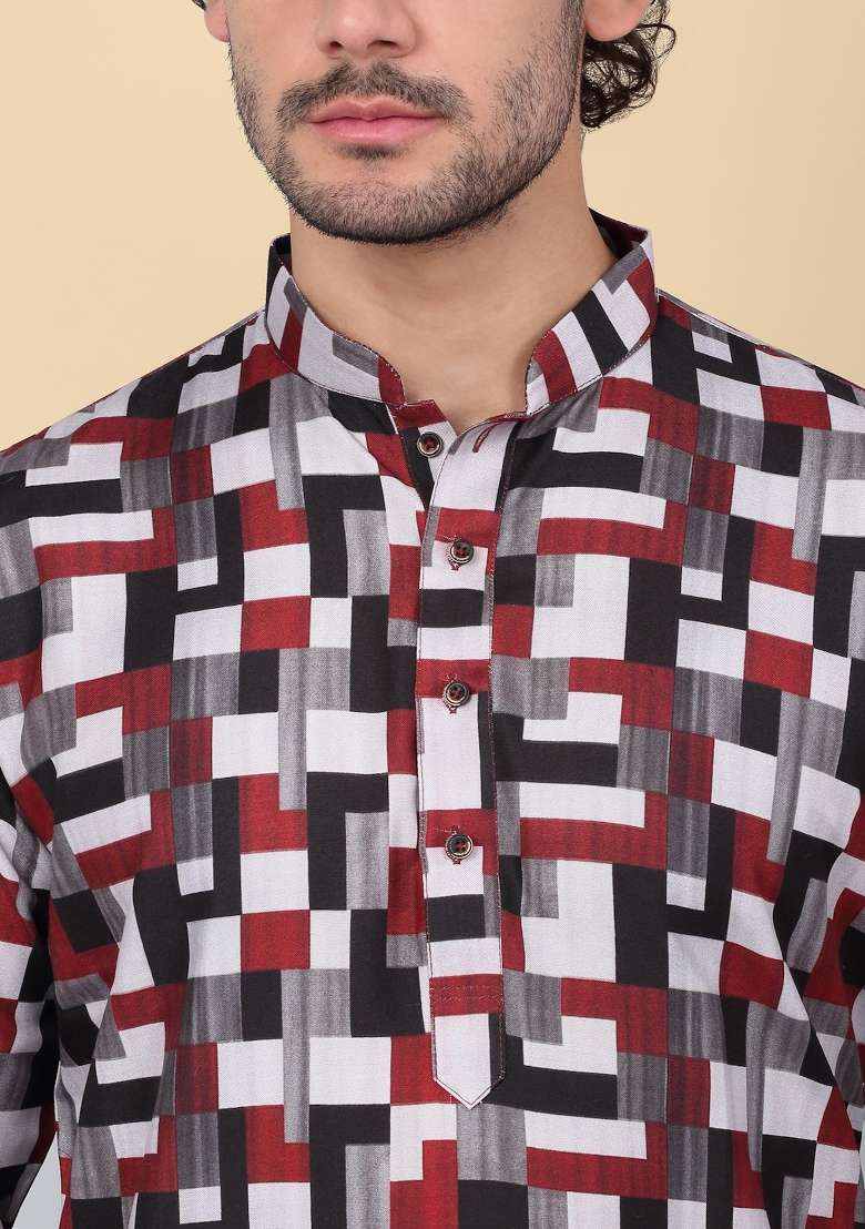 Maroon Printed Cotton Kurta Set For Men - Indya