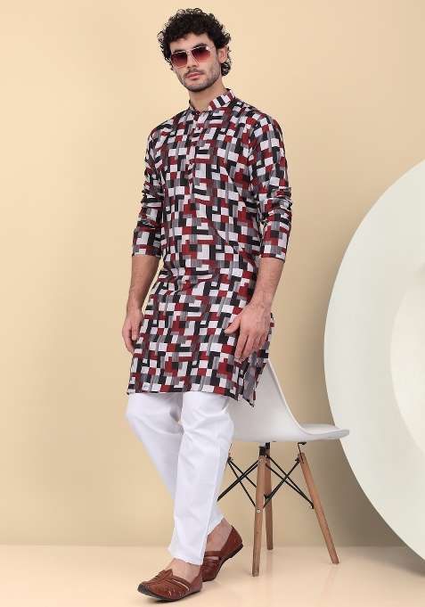 Maroon Printed Cotton Kurta Set For Men