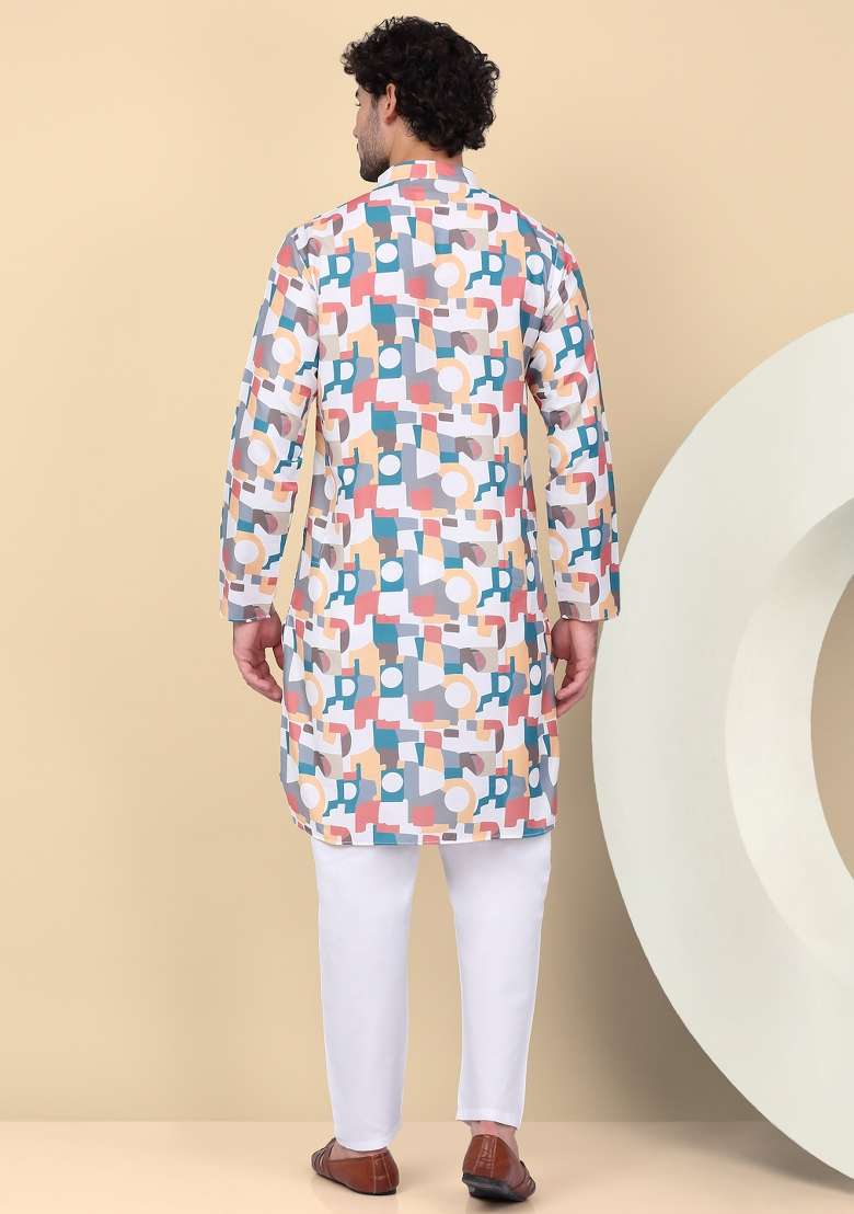 Peach Printed Cotton Kurta Set For Men - Indya