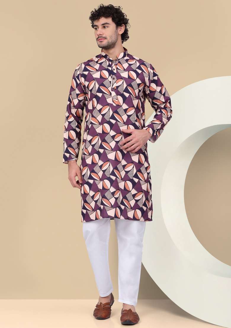 Purple Printed Cotton Kurta Set For Men - Indya