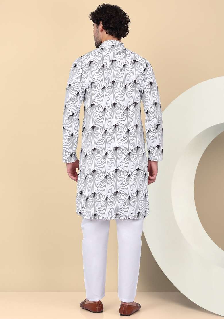 White Printed Cotton Kurta Set For Men - Indya